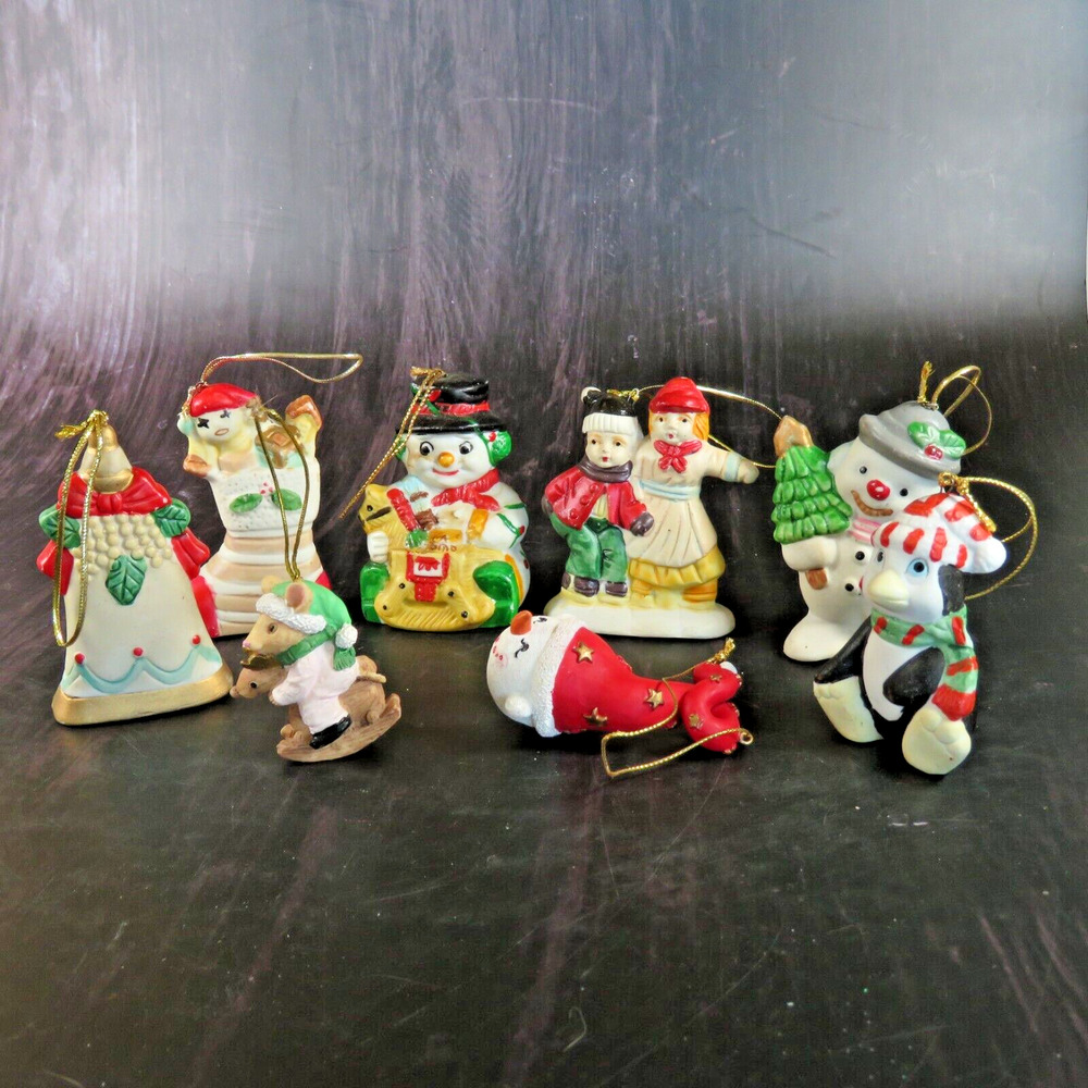 Lot of 8 Vintage Christmas Tree Ornaments Snowman Stocking Penguin Mouse Ceramic